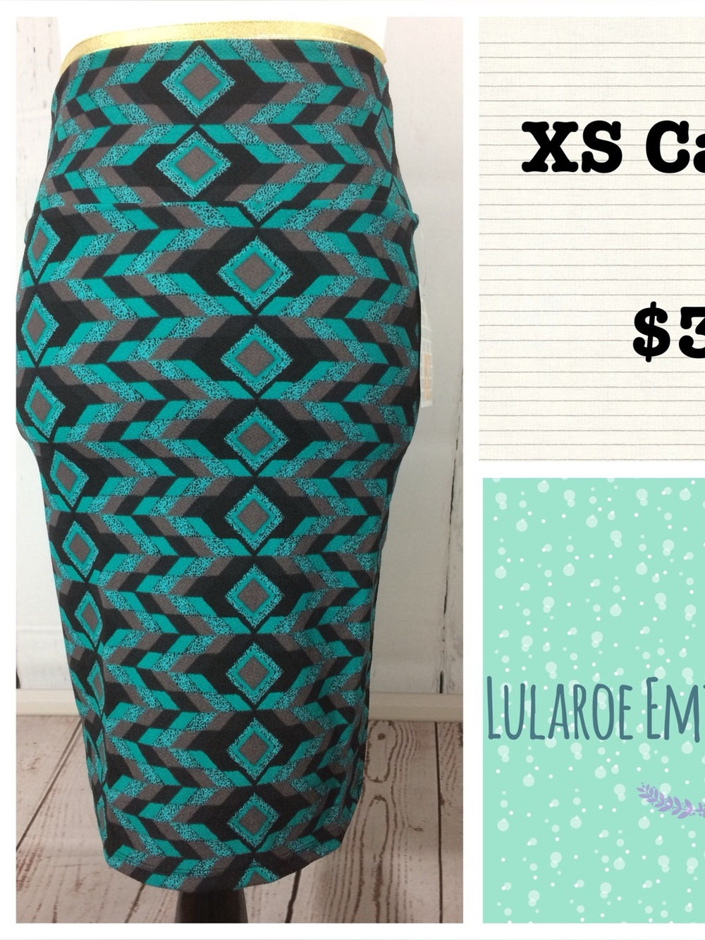 LuLaRoe Teal and Black Geometric Pencil Skirt - XS